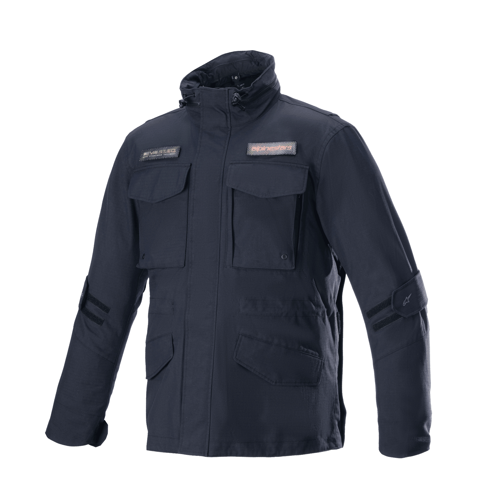 Alpinestars MO.ST.EQ Field Waterproof Primaloft Jacket, veste de moto urbaine, noir, style Field Jacket, quatre poches avant à rabat, col montant avec cordons de serrage, construction en Ripstop durable avec patchs logo
