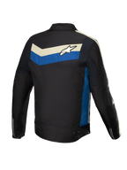 Alpinestars Veste Résistante À L’Eau T-Dyno, veste de moto pour homme, noire avec des accents bleus et écru, vue de dos montrant les panneaux extensibles et le logo graphique au dos