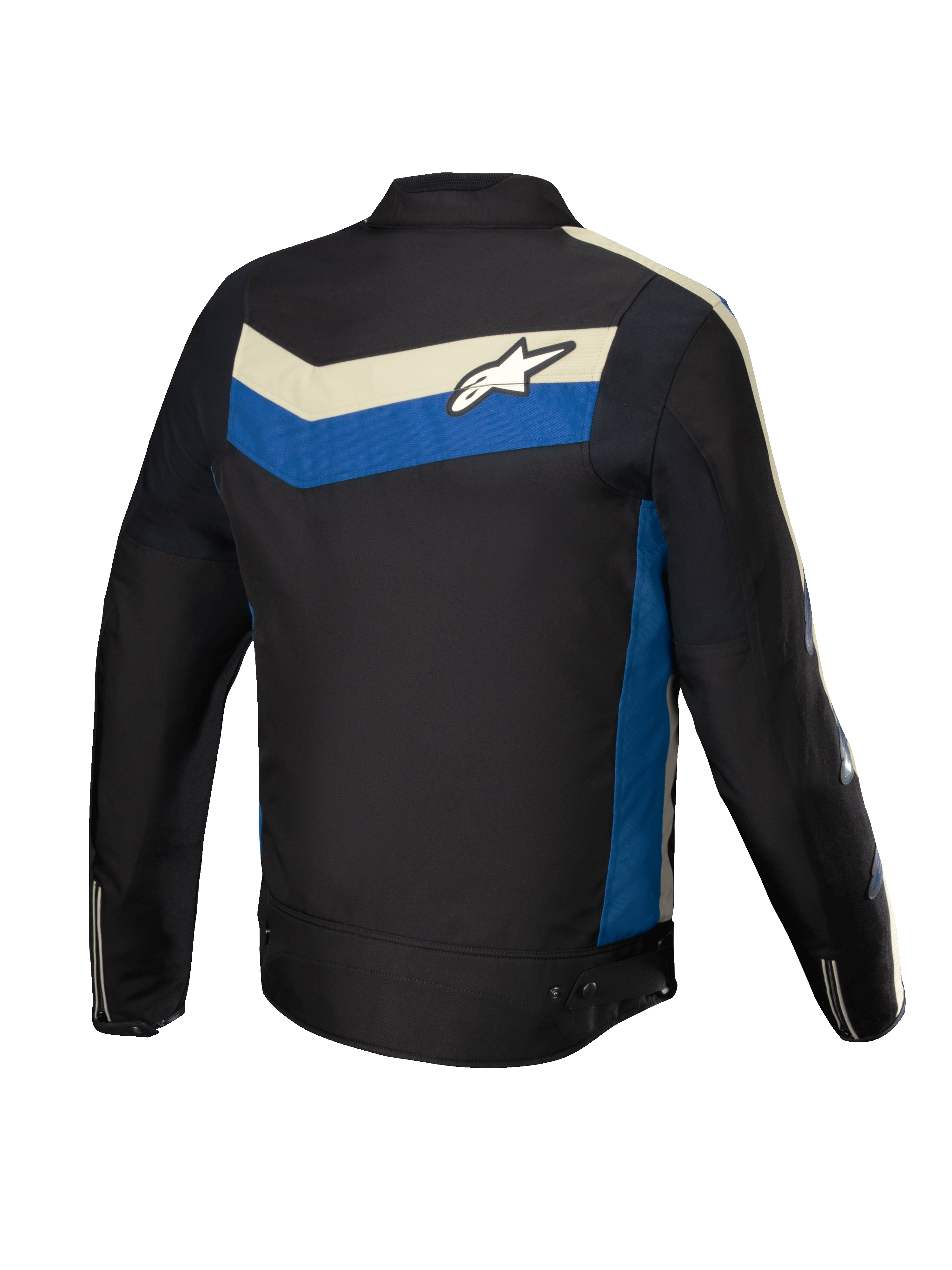 Alpinestars Veste Résistante À L’Eau T-Dyno, veste de moto pour homme, noire avec des accents bleus et écru, vue de dos montrant les panneaux extensibles et le logo graphique au dos