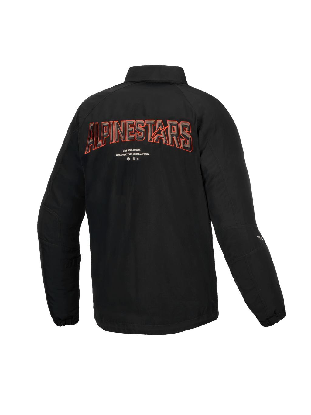 Alpinestars Veste Résistant À L’Eau Revved, veste de moto urbaine pour homme noire, vue de dos avec broderie 3D sur le dos, satin résistant à l'eau certifiée CE niveau A
