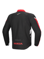 Veste Alpinestars Honda T-Jaws V4 WP, vue arrière, noire avec accents rouge vif et blancs, logo Honda rouge sur le bas du dos et logo étoile Alpinestars sur le haut du dos, veste de moto sport en textile avec détails réfléchissants