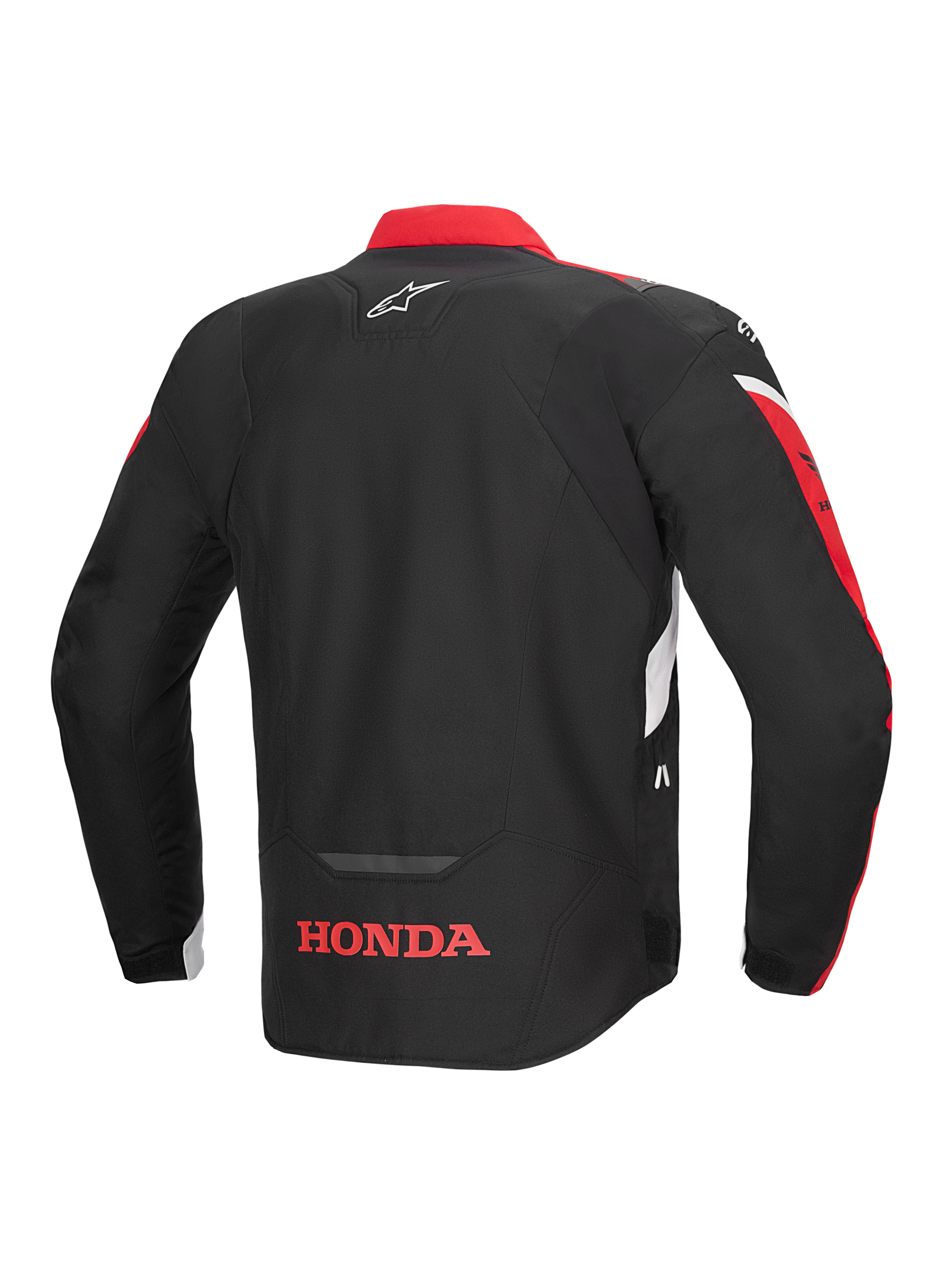 Veste Alpinestars Honda T-Jaws V4 WP, vue arrière, noire avec accents rouge vif et blancs, logo Honda rouge sur le bas du dos et logo étoile Alpinestars sur le haut du dos, veste de moto sport en textile avec détails réfléchissants