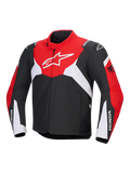 Veste Alpinestars Honda T-Jaws V4 WP, veste de moto technique imperméable, noir, rouge vif et blanc, arborant un grand logo Astar blanc sur la poitrine et le marquage Honda sur les manches, design sportif avec col montant et fermeture éclair avant.