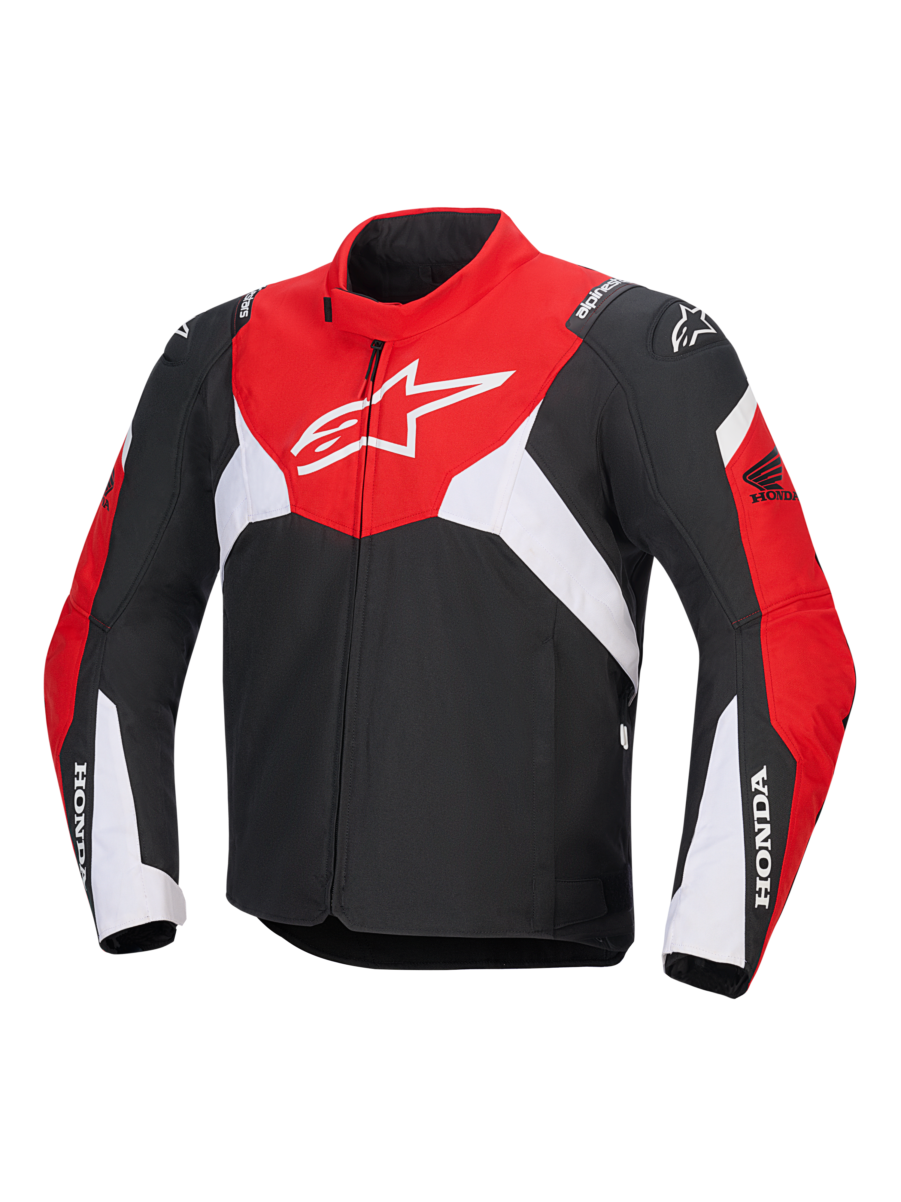 Veste Alpinestars Honda T-Jaws V4 WP, veste de moto technique imperméable, noir, rouge vif et blanc, arborant un grand logo Astar blanc sur la poitrine et le marquage Honda sur les manches, design sportif avec col montant et fermeture éclair avant.