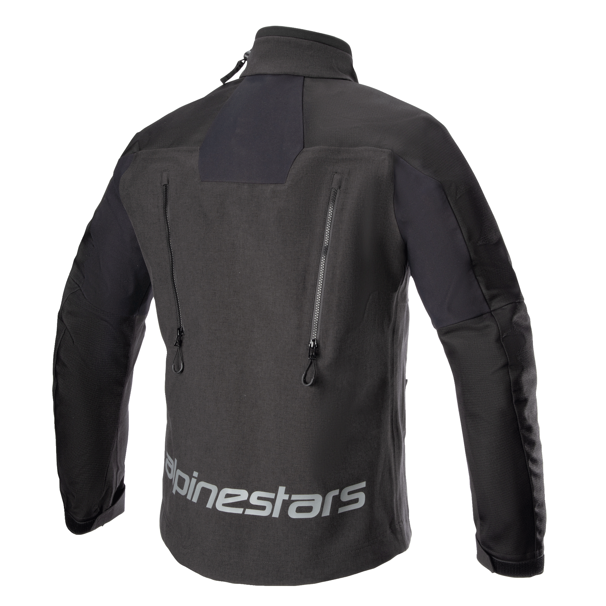 Veste Alpinestars Hyde XT Drystar® XF, veste de moto, noire, vue de dos présentant un large logo Alpinestars réfléchissant dans le bas du dos, deux aérations verticales zippées et des panneaux en ripstop texturé.