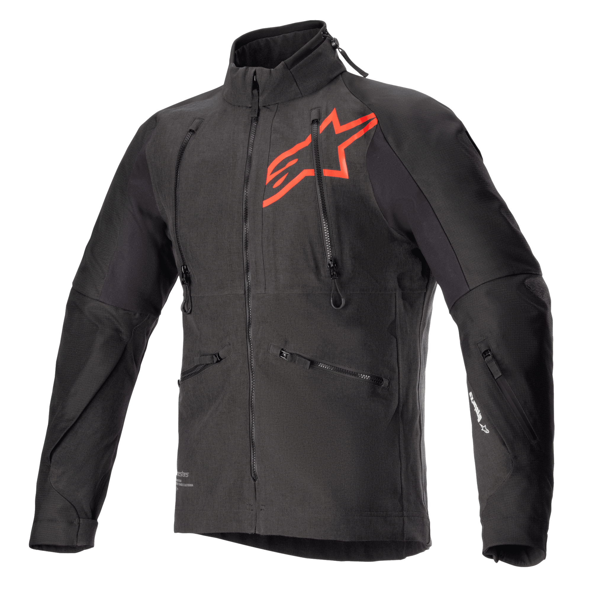 Veste Alpinestars Hyde XT Drystar XF, veste de moto technique noire et rouge vif, grand logo étoile rouge sur la poitrine, zips de ventilation verticaux sur le torse, col haut, tissu texturé extensible dans les quatre sens, conçue pour l'aventure et le pilotage tout-terrain