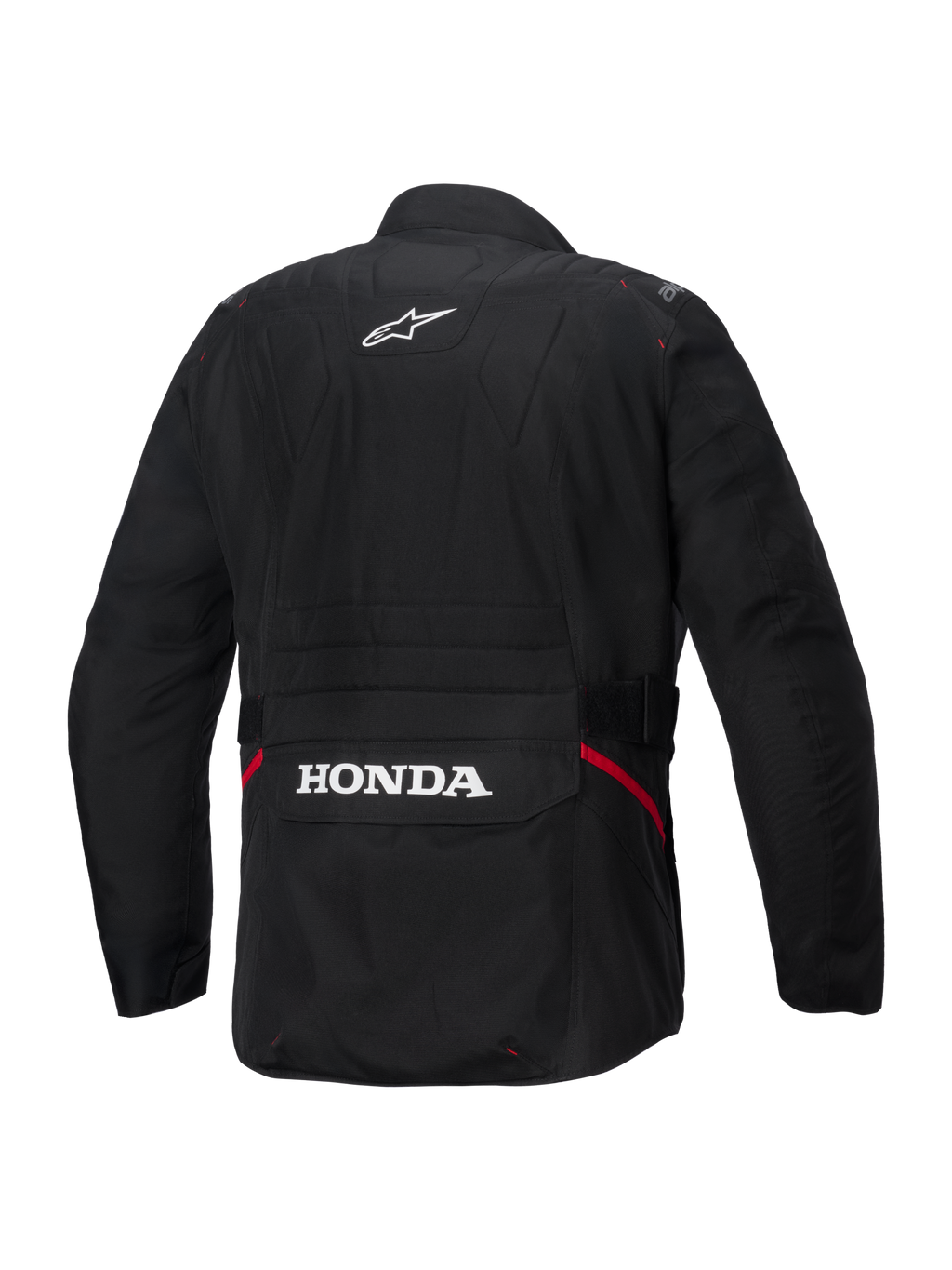 Veste imperméable Alpinestars Honda ST-1, vue arrière, textile noir, avec logo étoile Alpinestars blanc sur le haut du dos et marquage Honda sur la poche cargo arrière, accents rouges sur les côtés, veste de moto de touring durable
