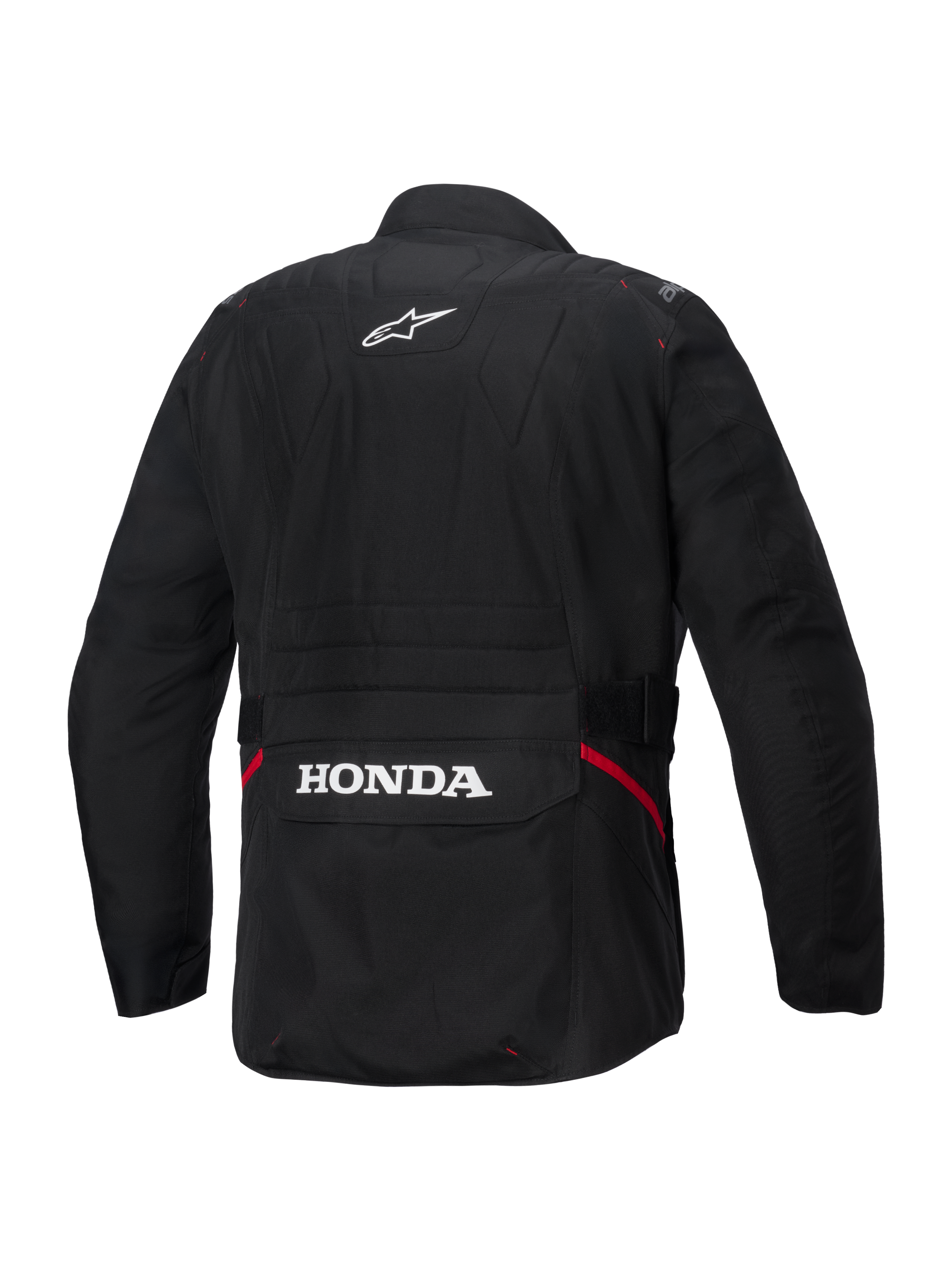 Veste imperméable Alpinestars Honda ST-1, vue arrière, textile noir, avec logo étoile Alpinestars blanc sur le haut du dos et marquage Honda sur la poche cargo arrière, accents rouges sur les côtés, veste de moto de touring durable