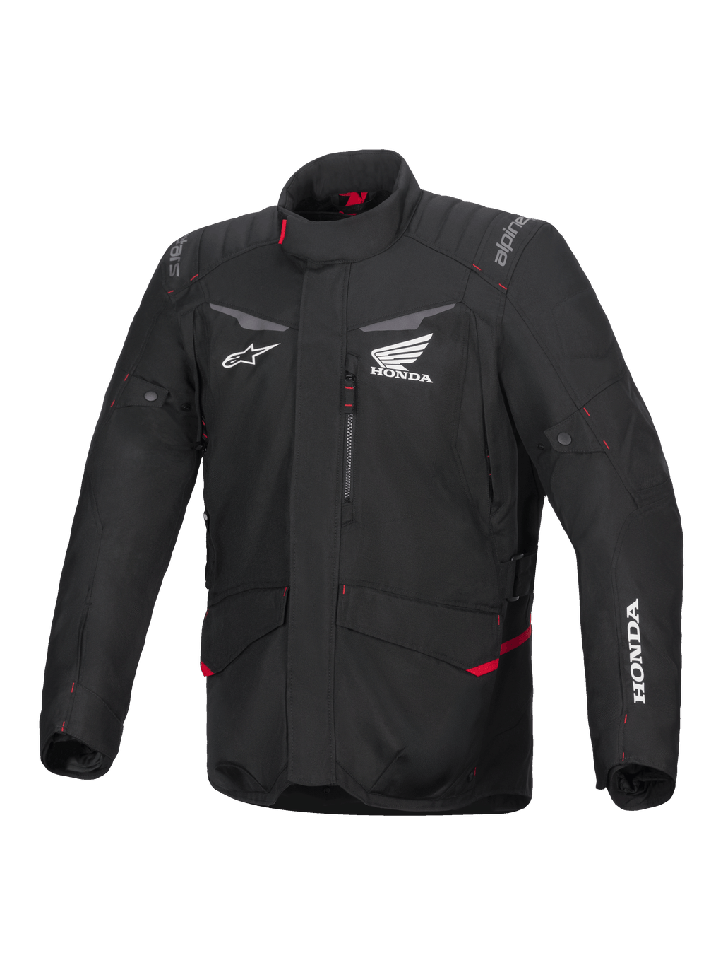 Alpinestars Honda ST-1, veste de moto imperméable, veste de touring, noire avec accents rouges, logos Honda et Alpinestars, col montant, épaules et coudes rembourrés, fermeture éclair, poches avant
