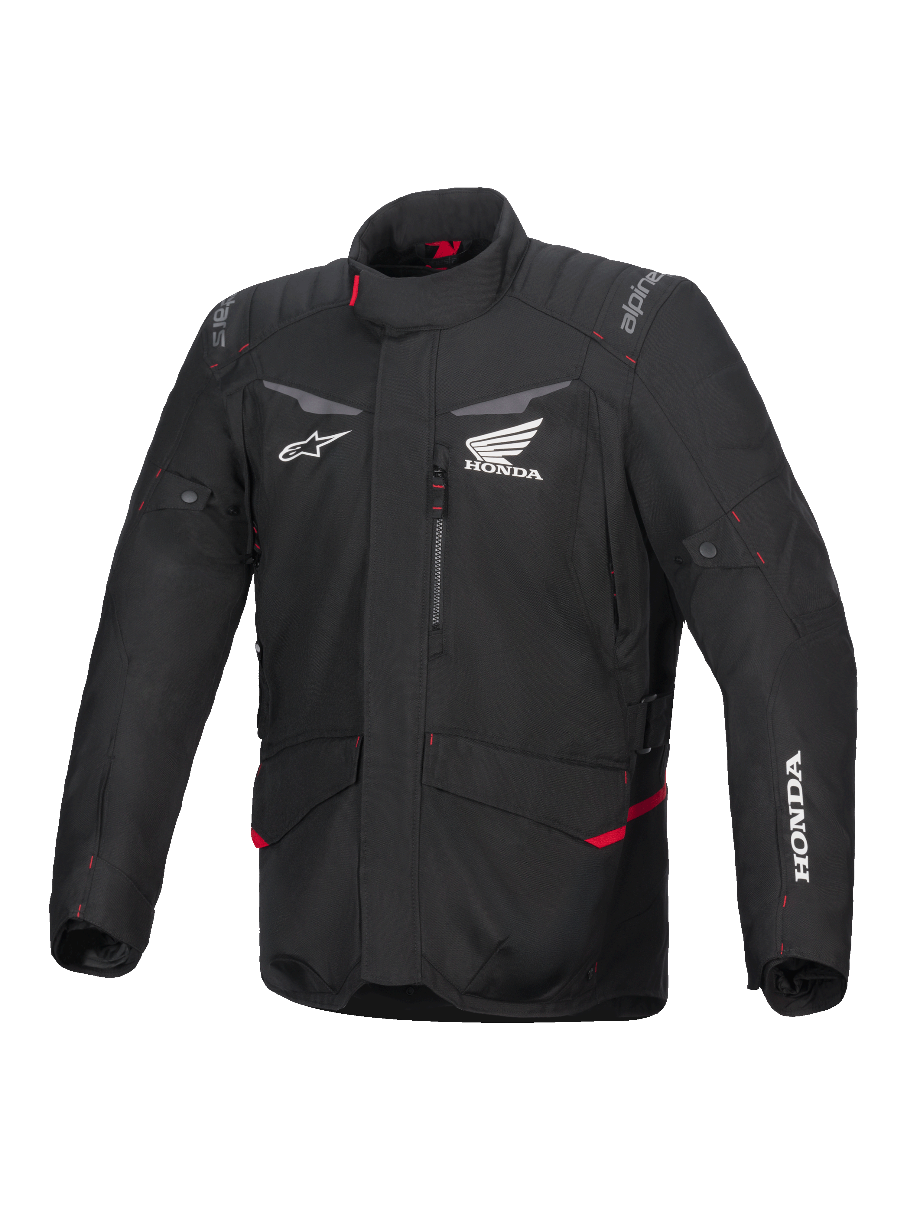 Alpinestars Honda ST-1, veste de moto imperméable, veste de touring, noire avec accents rouges, logos Honda et Alpinestars, col montant, épaules et coudes rembourrés, fermeture éclair, poches avant