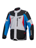 Alpinestars Honda ST-1 Waterproof Jacket, Motorcycle Touring Jacket, Ice Gray Black and Blue with Red accents, featuring Honda and Alpinestars logos, front view with zippered chest pocket and cargo pockets, weather-resistant adventure touring design