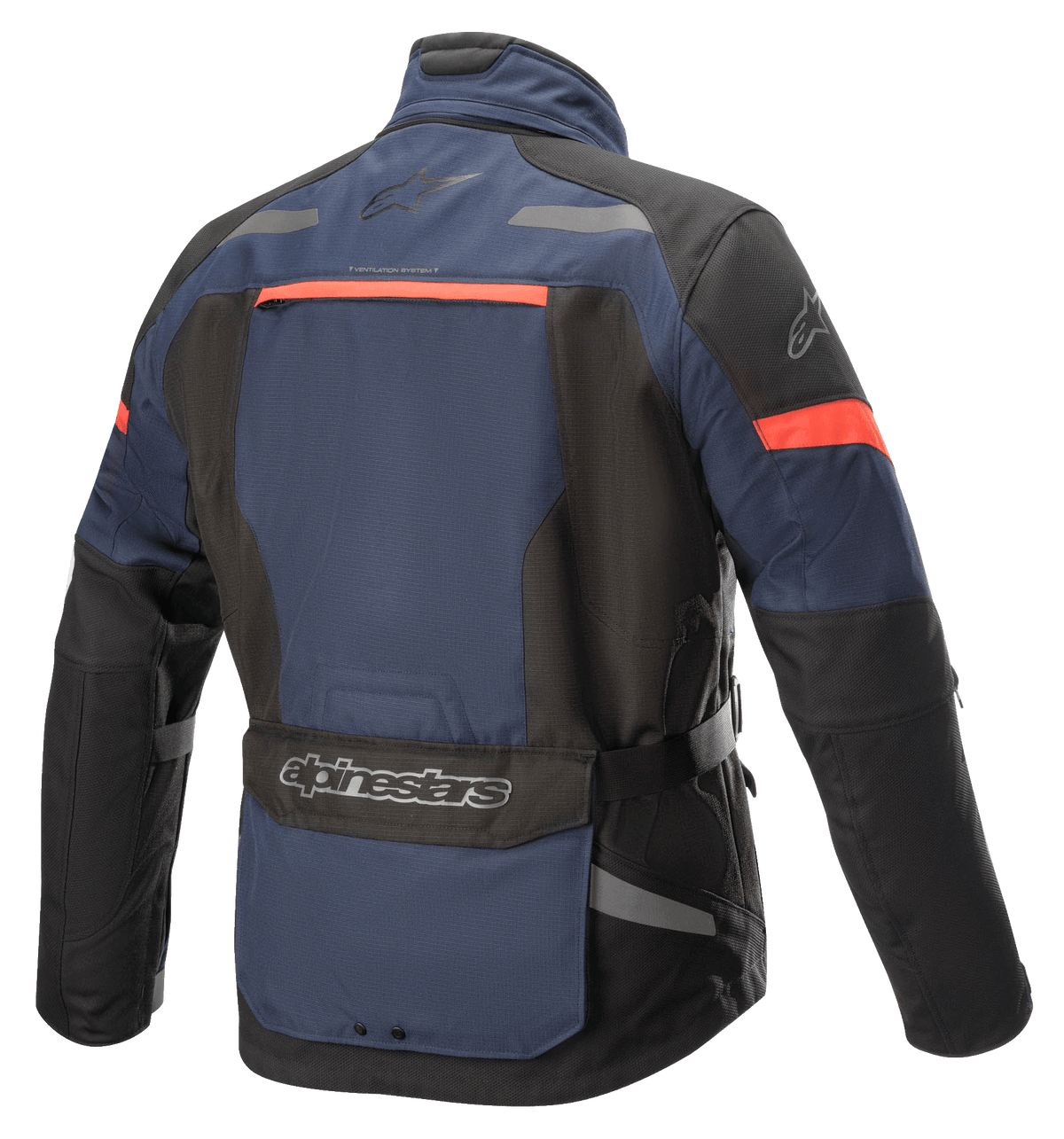 Alpinestars Valparaiso V3 Drystar® Jacket, veste de moto Adventure Touring, bleu foncé et noir avec des accents rouge orangé, vue arrière présentant une grande poche utilitaire, des détails réfléchissants et des ouvertures de ventilation.