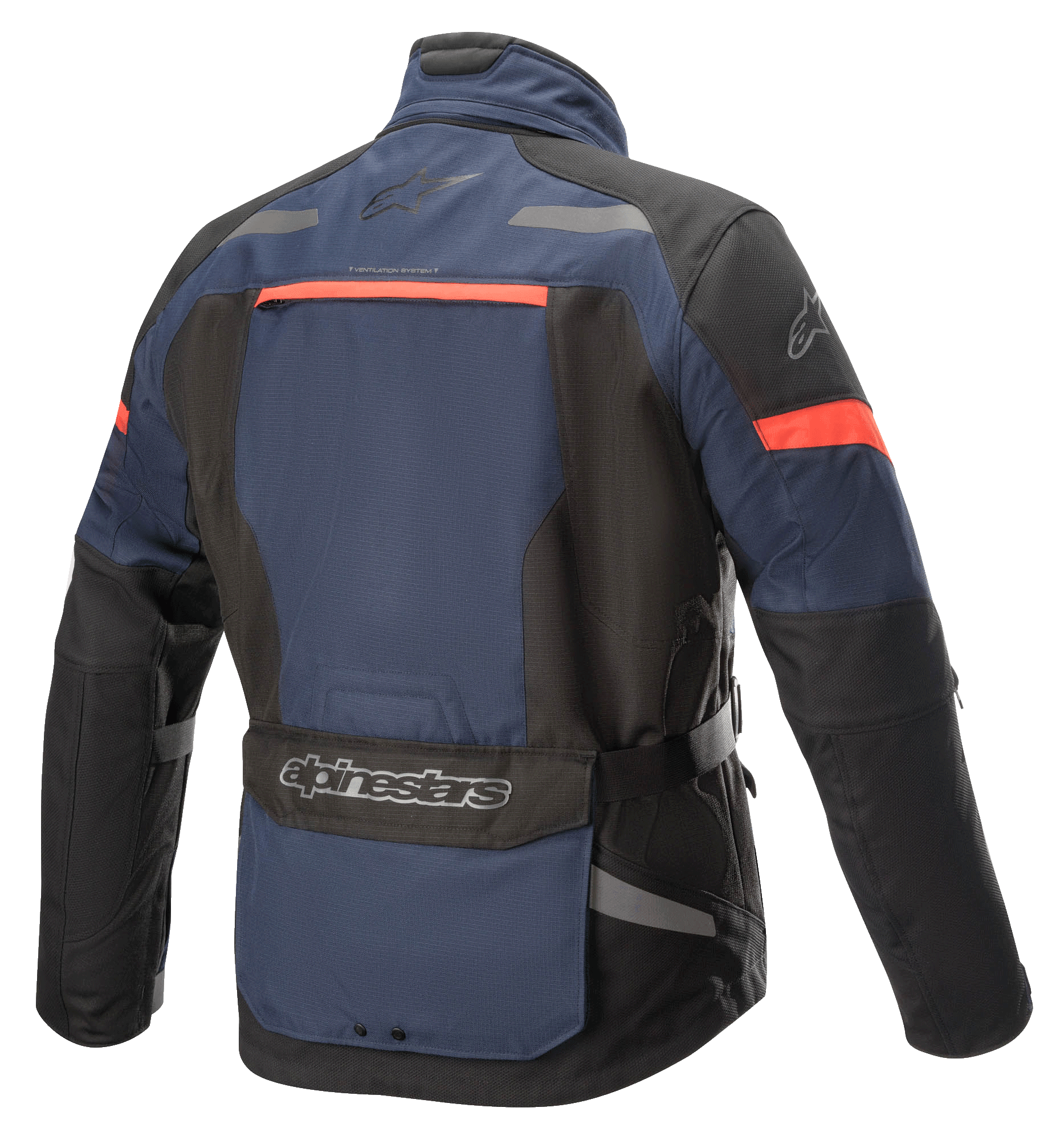 Alpinestars Valparaiso V3 Drystar® Jacket, veste de moto Adventure Touring, bleu foncé et noir avec des accents rouge orangé, vue arrière présentant une grande poche utilitaire, des détails réfléchissants et des ouvertures de ventilation.