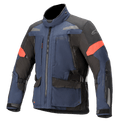 Alpinestars Valparaiso V3 Drystar Jacket, veste de moto touring, bleu foncé et noir avec des accents rouges, bandes réfléchissantes, multiples poches cargo zippées, sangles de réglage à la taille et aux manches, construction textile robuste pour le touring aventure
