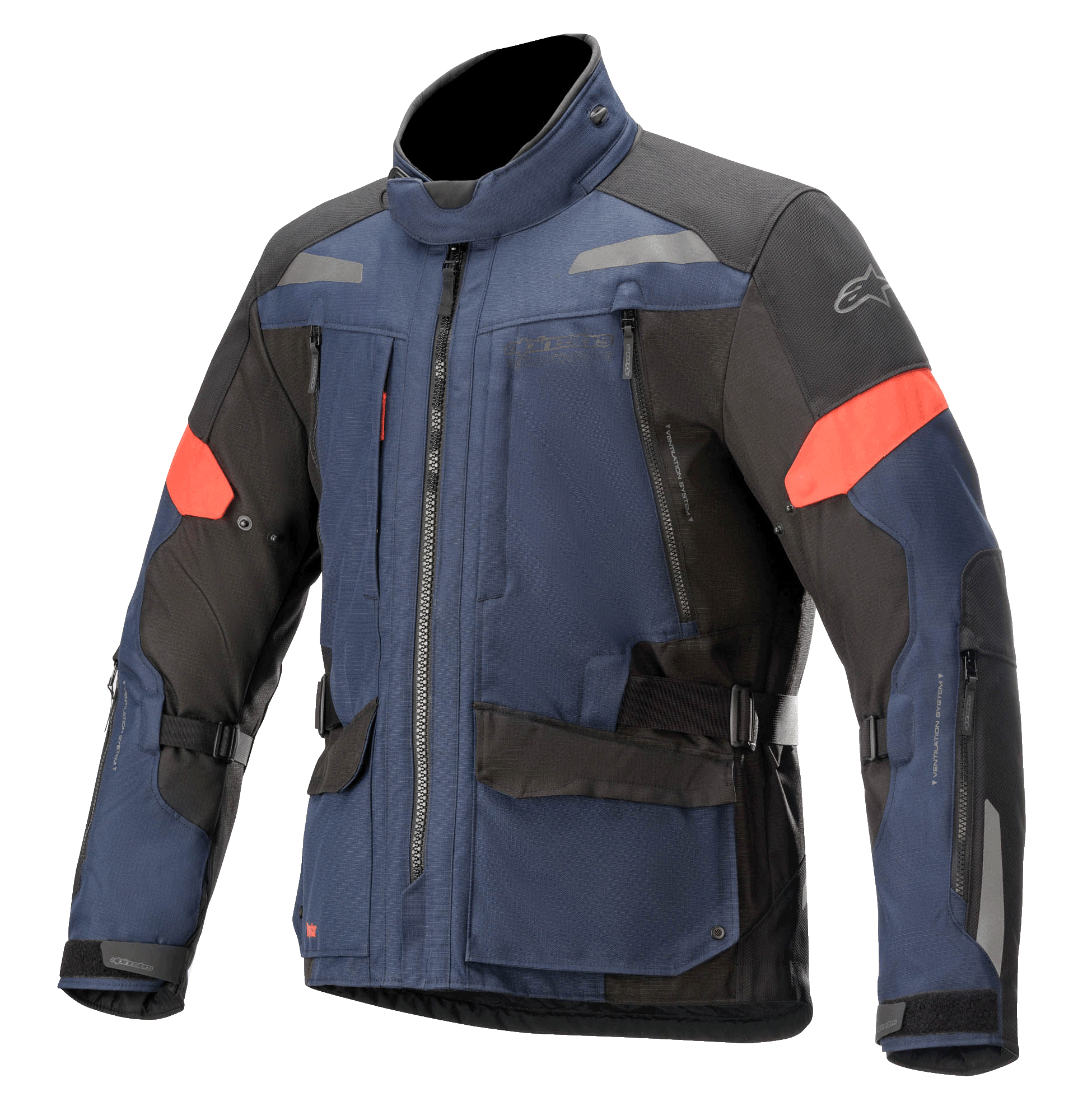 Alpinestars Valparaiso V3 Drystar Jacket, veste de moto touring, bleu foncé et noir avec des accents rouges, bandes réfléchissantes, multiples poches cargo zippées, sangles de réglage à la taille et aux manches, construction textile robuste pour le touring aventure