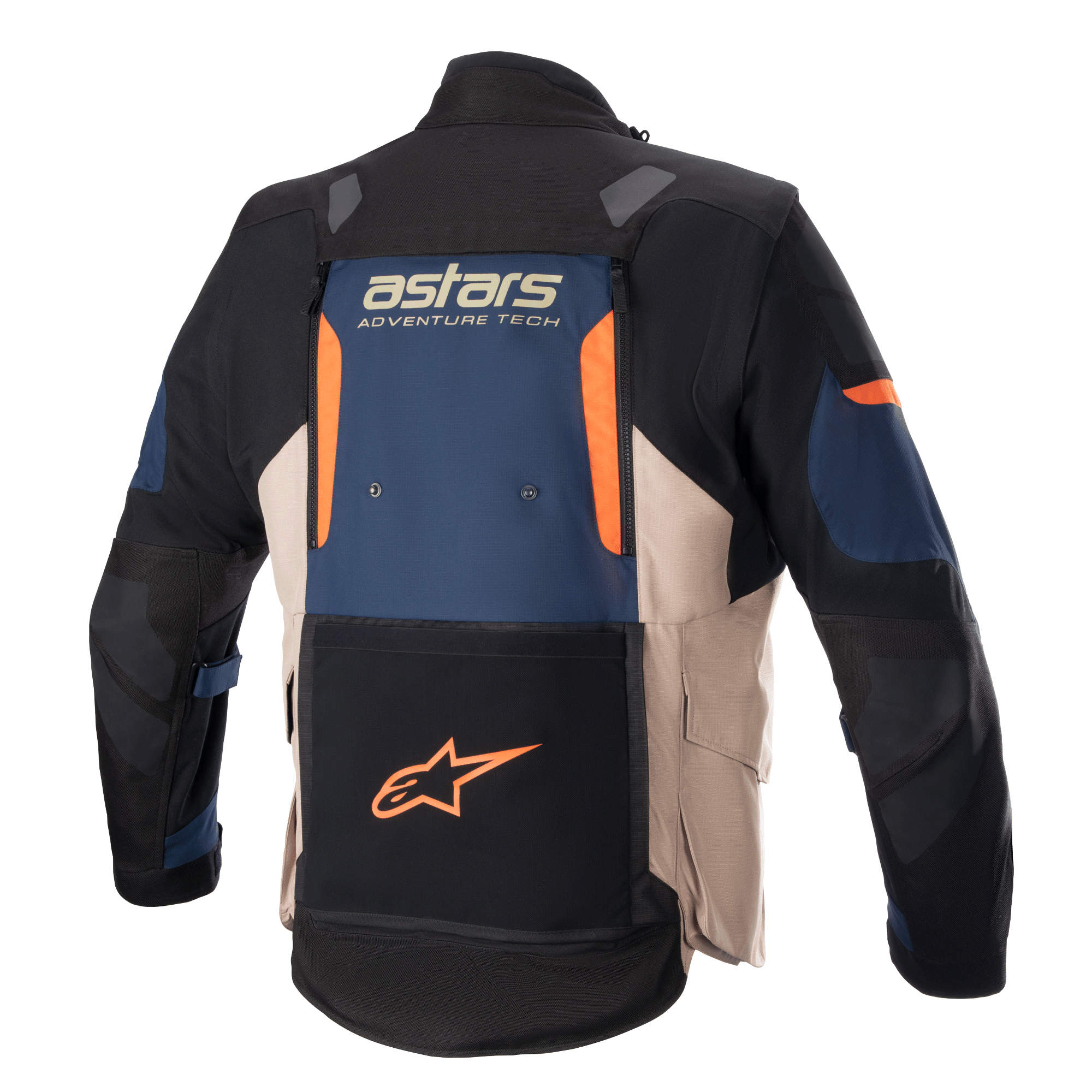 Veste Alpinestars Halo Drystar®, veste de moto d'aventure touring, vue arrière, bleu foncé, kaki foncé et orange vif, dotée d'un grand panneau de ventilation arrière, du logo « astars ADVENTURE TECH » et d'une poche au bas du dos avec un logo étoile orange.