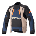 Veste Alpinestars Halo Drystar®, veste de moto touring aventure, bleu foncé, kaki foncé et orange vif, avec devant asymétrique, large panneau d'aération, logo 'astars' sur la poitrine, col haut et construction textile robuste pour une protection toutes saisons