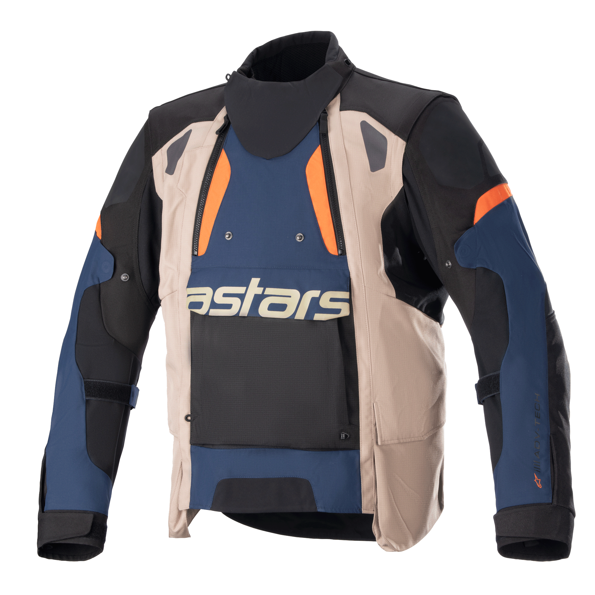 Veste Alpinestars Halo Drystar®, veste de moto touring aventure, bleu foncé, kaki foncé et orange vif, avec devant asymétrique, large panneau d'aération, logo 'astars' sur la poitrine, col haut et construction textile robuste pour une protection toutes saisons