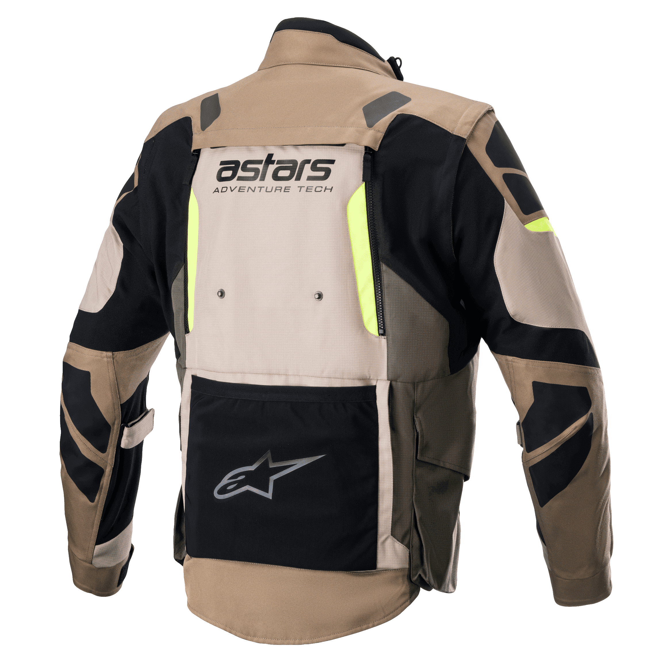 Veste Alpinestars Halo Drystar®, vue arrière, kaki foncé et sable avec accents jaune fluo, veste de moto de touring et d'aventure dotée d'un grand panneau de ventilation arrière, du marquage « astars ADVENTURE TECH » et d'une poche utilitaire inférieure noire.