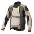 Veste Alpinestars Halo Drystar®, veste de moto touring et aventure, kaki foncé et sable avec accents jaune fluo, dotée d'un large panneau de ventilation frontal avec logo astars, col haut et construction textile robuste pour une conduite toutes saisons.