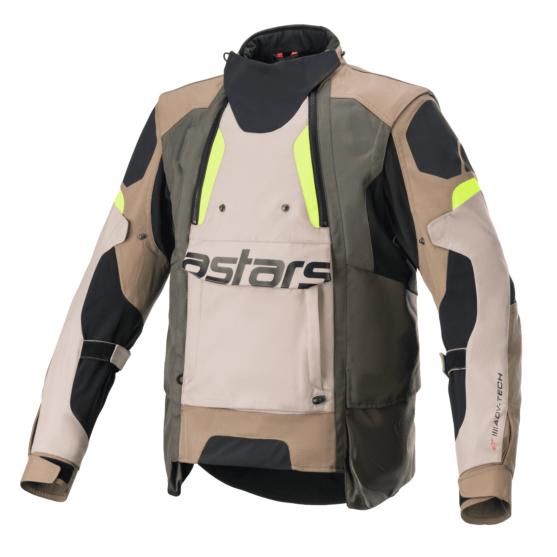 Veste Alpinestars Halo Drystar®, veste de moto touring et aventure, kaki foncé et sable avec accents jaune fluo, dotée d'un large panneau de ventilation frontal avec logo astars, col haut et construction textile robuste pour une conduite toutes saisons.