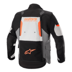 Alpinestars Halo Drystar® Jacket, Adventure Touring Jacket, Dark Gray Ice Gray and Black with orange accents, rear view showing a large back vent panel with 'astars ADVENTURE TECH' branding and orange star logo on the lower pocket, technical multi-season motorcycle gear