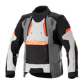 Alpinestars Halo Drystar® Jacket, Motorcycle Adventure Touring Jacket, Dark Gray, Ice Gray, and Black with Orange accents, featuring an asymmetric front ventilation panel, orange astars branding, adjustable sleeve straps, and high collar, protective textile gear for all-season adventure riding