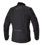 Alpinestars Monteira Drystar® XF Jacket, Adventure Touring Motorcycle Jacket, Black with Bright Red sleeve detail, rear profile showing grey Alpinestars logos, adjustable waist belt, and durable waterproof textile shell