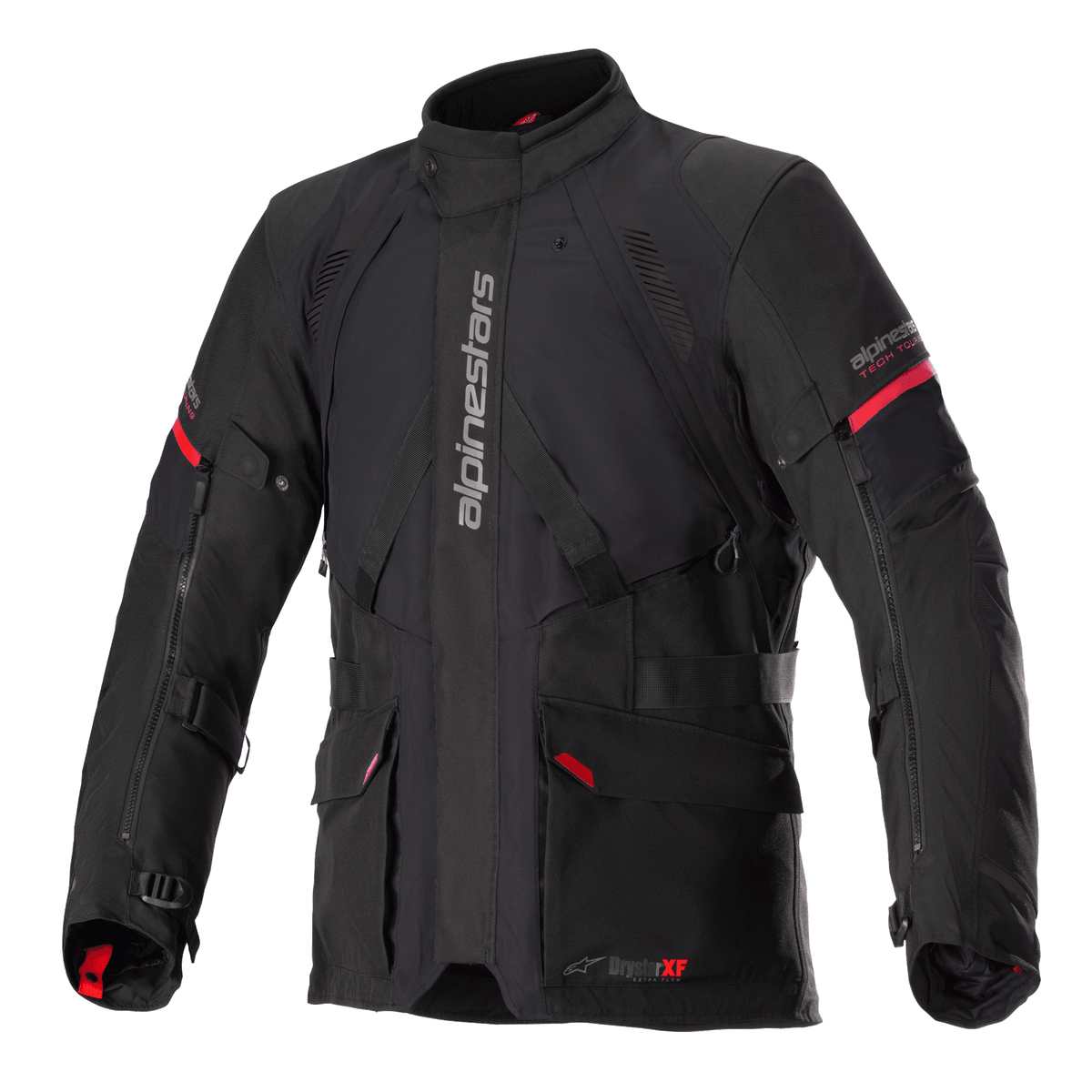 Alpinestars Monteira Drystar XF Jacket, veste de moto d'aventure touring, noir et rouge vif, construction laminée imperméable, avec multiples poches utilitaires et sangles de réglage, textile durable pour une protection tous temps
