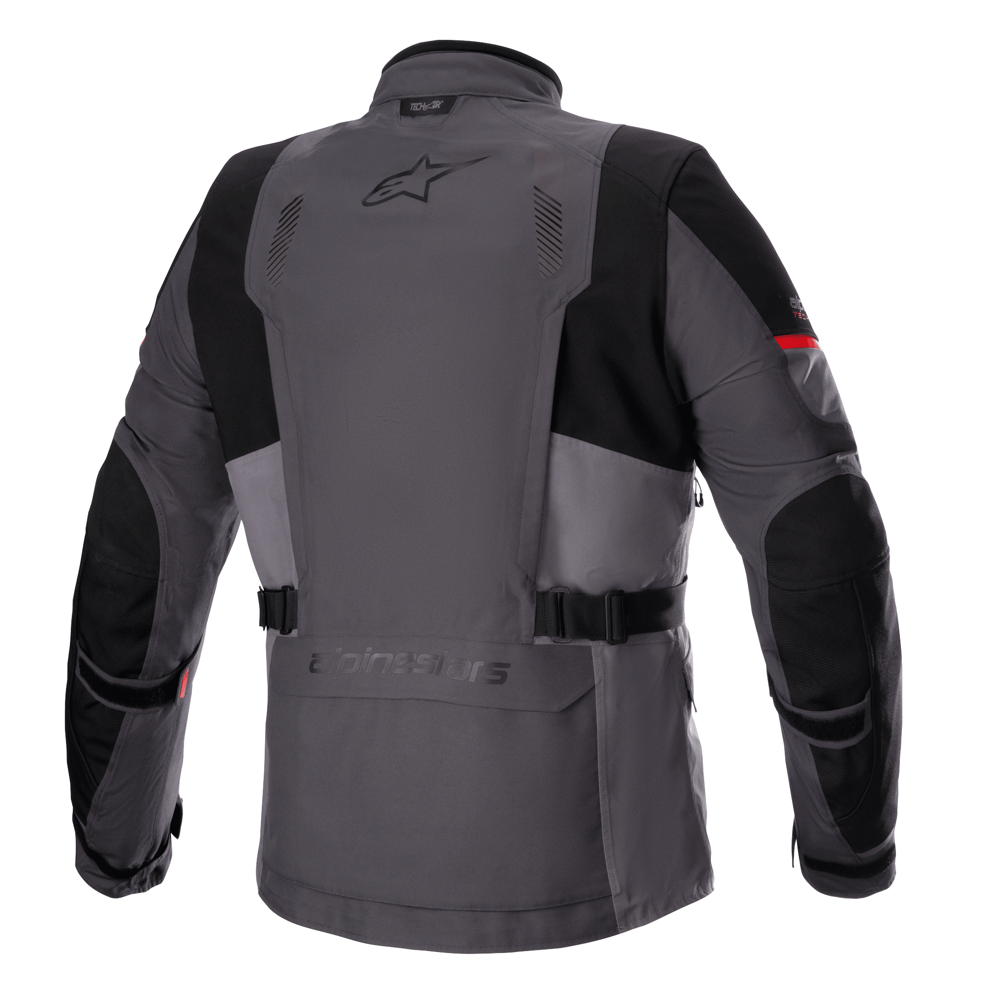 Veste Alpinestars Monteira Drystar® XF, veste de moto Adventure Touring, gris foncé et gris goudron avec accents rouge vif, vue arrière montrant la poche utilitaire arrière, les sangles de réglage à la taille et les panneaux noirs renforcés aux épaules et aux coudes, avec le logo Astars sur le haut du dos.