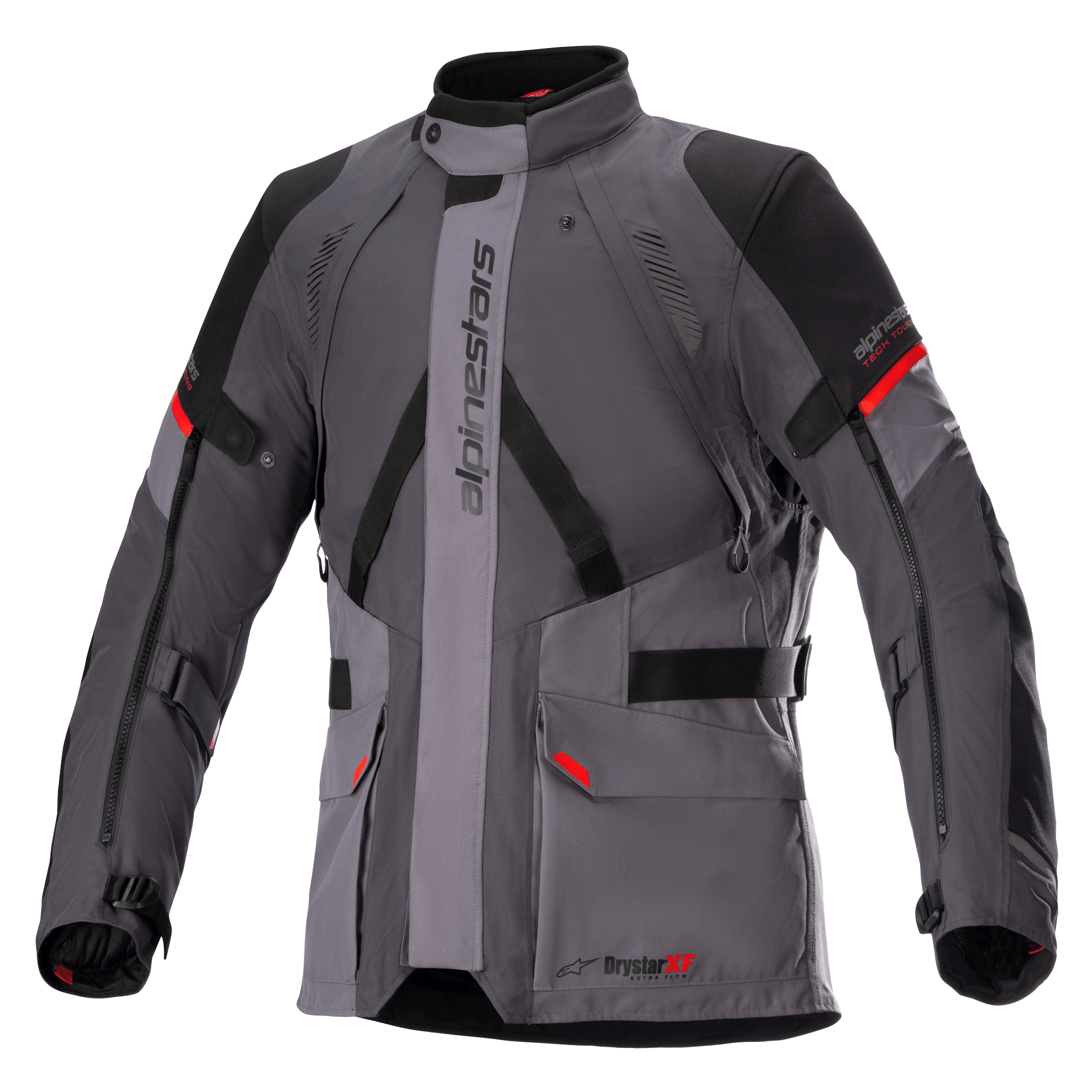 Veste Alpinestars Monteira Drystar XF, veste de moto touring, gris foncé et gris goudron avec empiècements noirs et touches de rouge vif, comprenant des poches cargo à l'avant, des sangles réglables à la taille et aux bras, un logo Alpinestars vertical et un col haut, conçue pour la conduite aventure