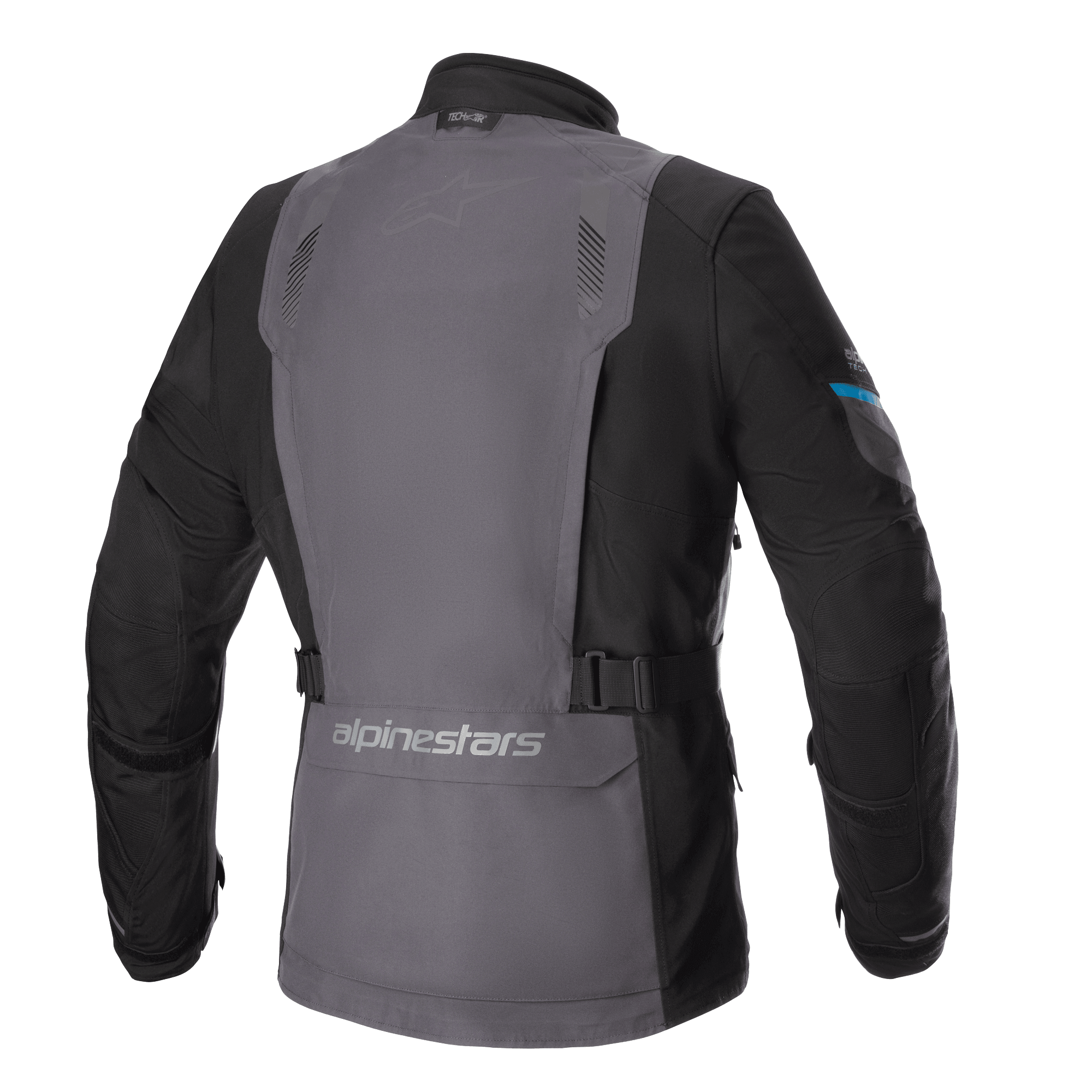 Veste Alpinestars Monteira Drystar® XF, veste de moto de tourisme d'aventure, gris goudron et noir avec accents bleu méthyle, vue arrière montrant un large panneau dorsal gris, des sangles de réglage à la taille et le logo Alpinestars sur le bas du dos.