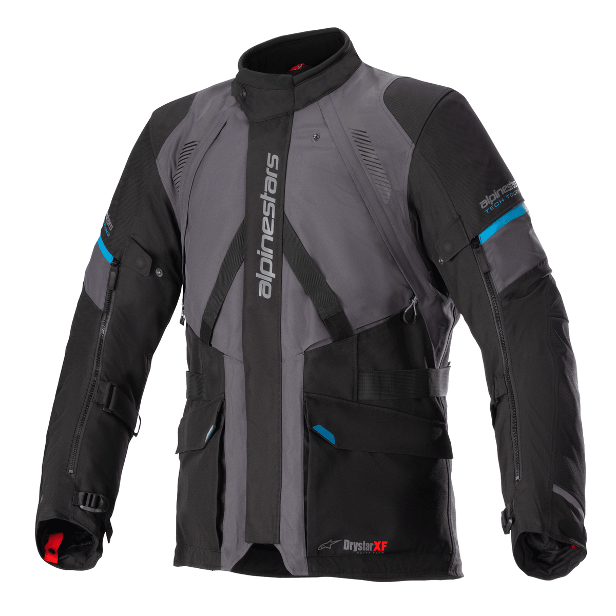 Veste Alpinestars Monteira Drystar XF, veste de moto Adventure Touring, gris et noir avec accents bleu méthyle, comprenant plusieurs poches avant, des sangles de taille ajustables et le logo Alpinestars vertical sur la poitrine, construction textile imperméable et durable