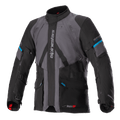 Veste Alpinestars Monteira Drystar XF, veste de moto Adventure Touring, gris et noir avec accents bleu méthyle, comprenant plusieurs poches avant, des sangles de taille ajustables et le logo Alpinestars vertical sur la poitrine, construction textile imperméable et durable