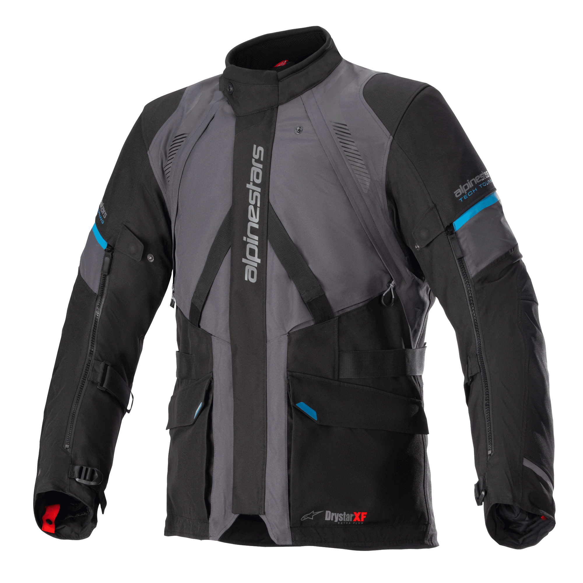 Veste Alpinestars Monteira Drystar XF, veste de moto Adventure Touring, gris et noir avec accents bleu méthyle, comprenant plusieurs poches avant, des sangles de taille ajustables et le logo Alpinestars vertical sur la poitrine, construction textile imperméable et durable