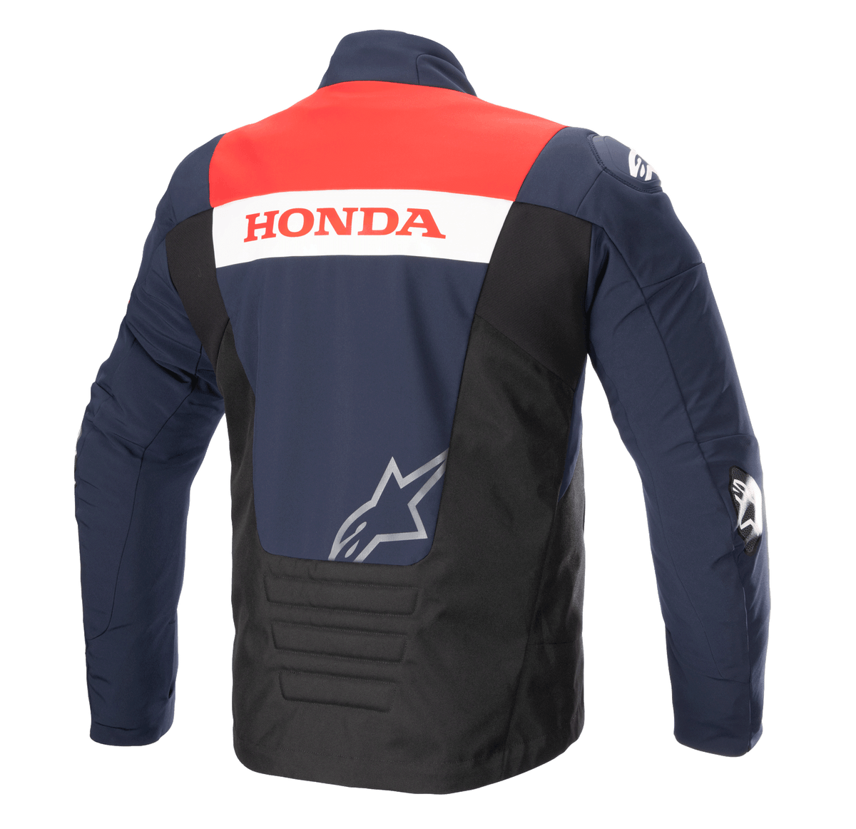 Vue arrière de la veste Alpinestars Honda SMX Waterproof Softshell, coloris Bleu Marine Nuit, Noir et Rouge Vif, avec marquage « HONDA » sur une bande blanche et logo Alpinestars argenté, conçue pour la conduite de moto sur route