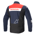 Vue arrière de la veste Alpinestars Honda SMX Waterproof Softshell, coloris Bleu Marine Nuit, Noir et Rouge Vif, avec marquage « HONDA » sur une bande blanche et logo Alpinestars argenté, conçue pour la conduite de moto sur route