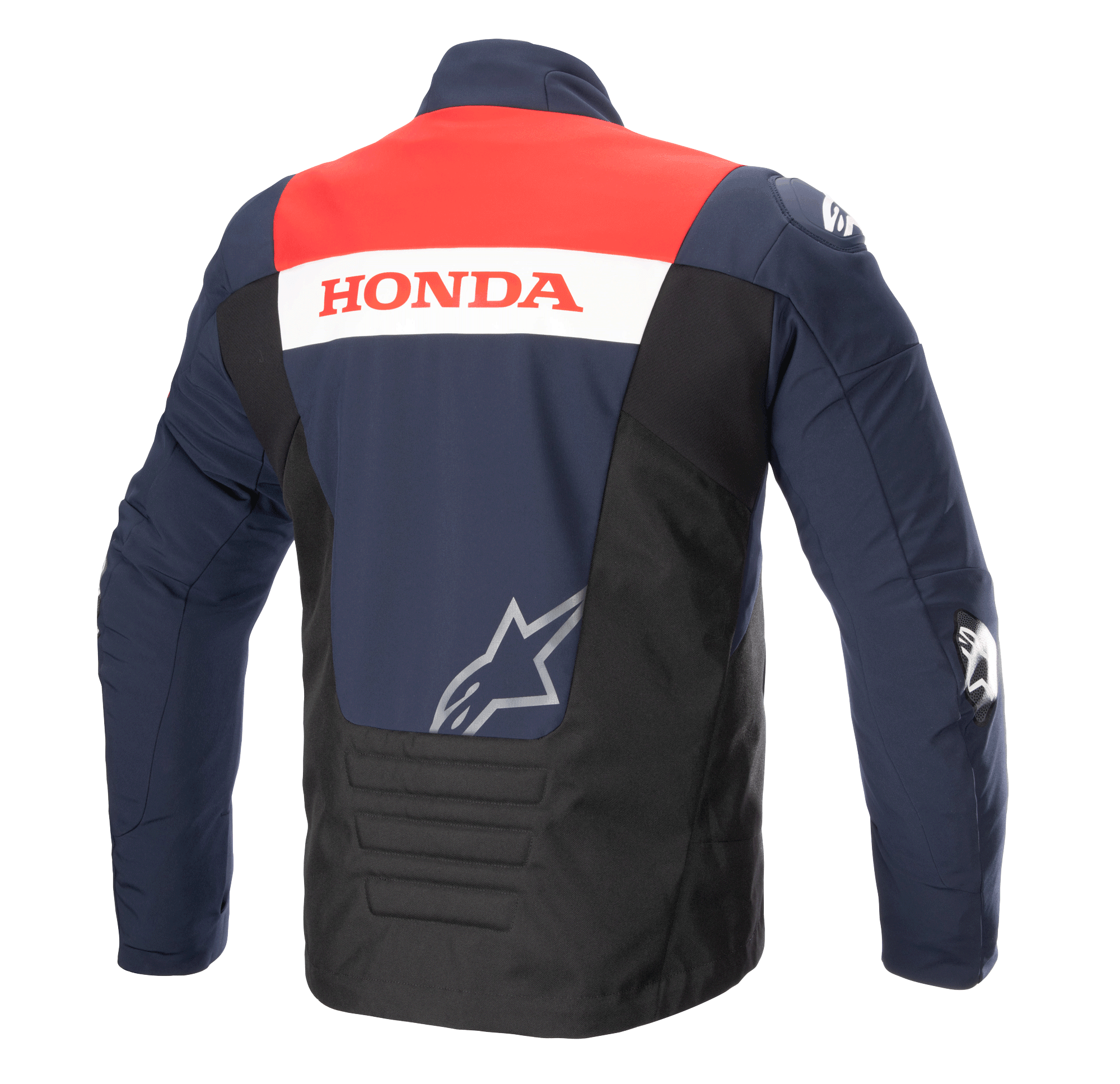 Vue arrière de la veste Alpinestars Honda SMX Waterproof Softshell, coloris Bleu Marine Nuit, Noir et Rouge Vif, avec marquage « HONDA » sur une bande blanche et logo Alpinestars argenté, conçue pour la conduite de moto sur route