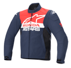 Veste Alpinestars Honda SMX Waterproof Softshell, veste de moto, bleu marine, noir et rouge vif, avec logos Alpinestars et Honda blancs sur la poitrine, col montant, fermeture éclair frontale et matériau textile imperméable élégant