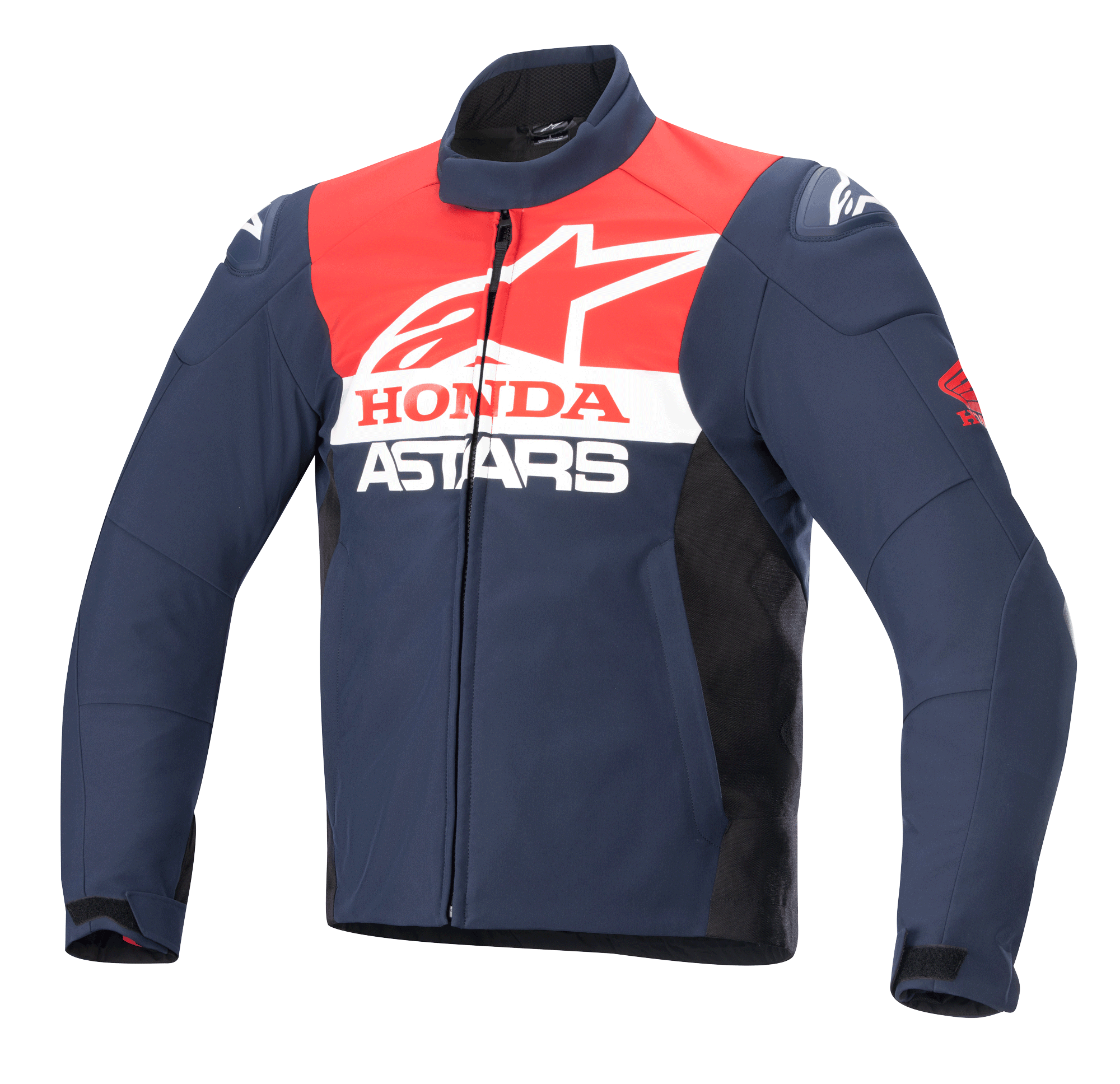 Veste Alpinestars Honda SMX Waterproof Softshell, veste de moto, bleu marine, noir et rouge vif, avec logos Alpinestars et Honda blancs sur la poitrine, col montant, fermeture éclair frontale et matériau textile imperméable élégant