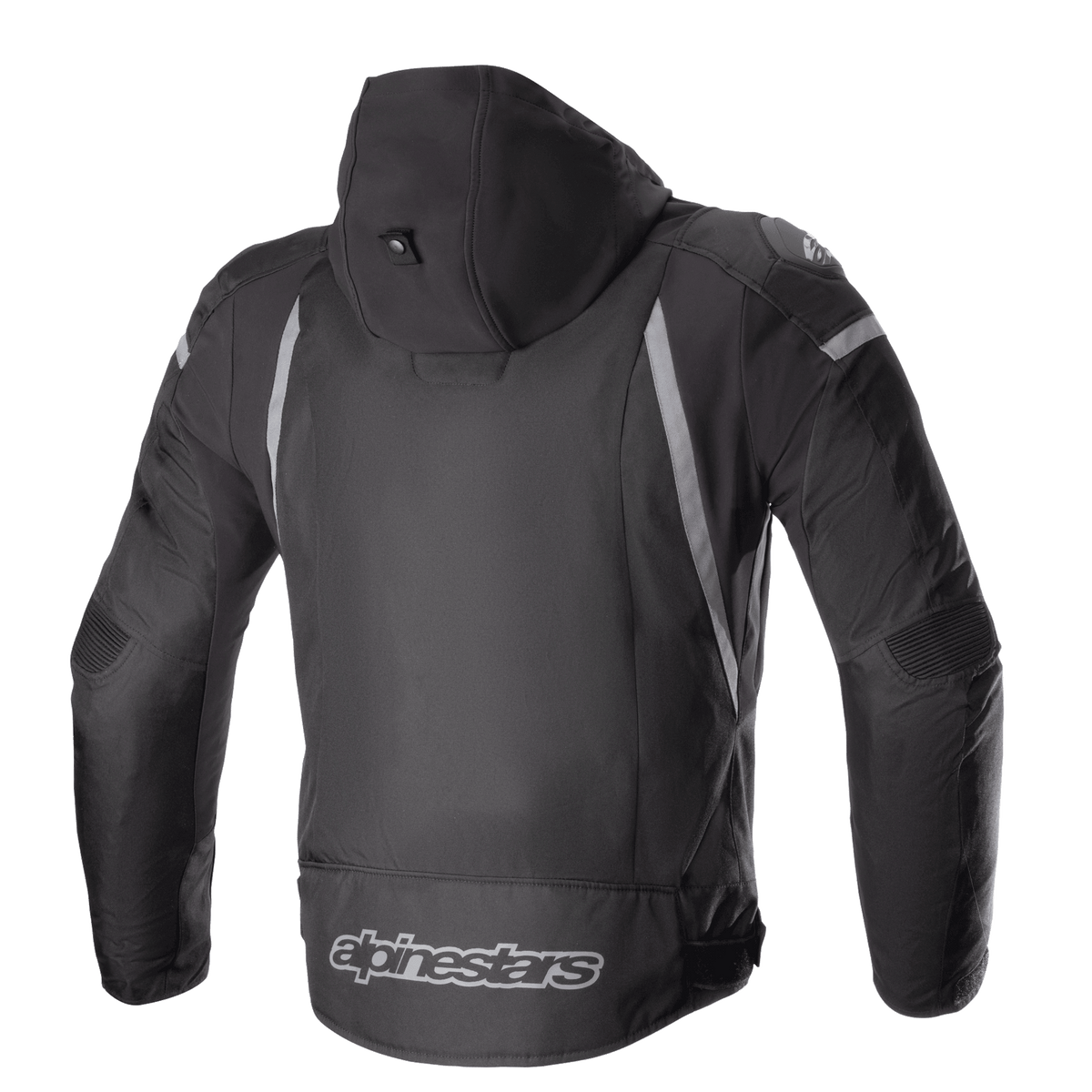 Blouson imperméable Alpinestars Zaca, noir et gris foncé, vue arrière avec capuche amovible, accents réfléchissants gris et logo Alpinestars sur le bas du dos, blouson de moto sport en textile