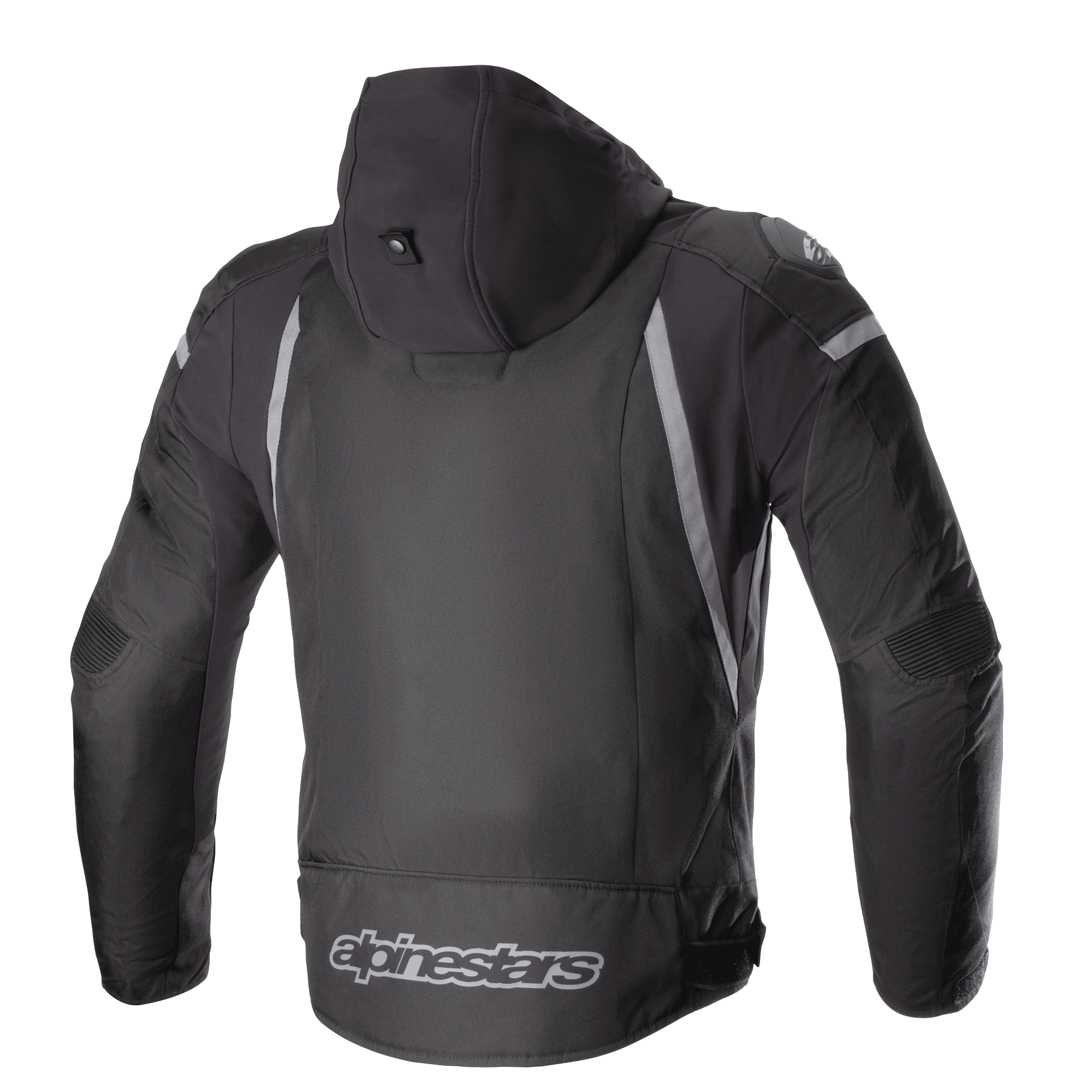 Blouson imperméable Alpinestars Zaca, noir et gris foncé, vue arrière avec capuche amovible, accents réfléchissants gris et logo Alpinestars sur le bas du dos, blouson de moto sport en textile