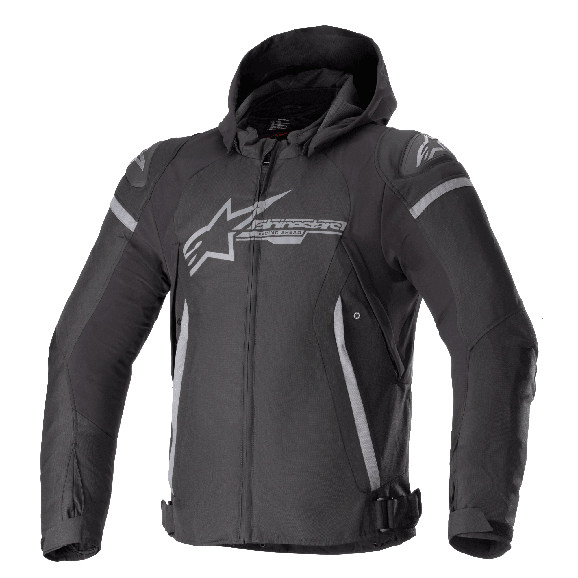 Alpinestars Zaca Waterproof Jacket, veste de moto sport, noir et gris foncé, avec capuche amovible, grand logo gris sur la poitrine, accents gris clair sur les épaules et les côtés, sangles de réglage à la taille et fermeture éclair frontale, construction textile sportive