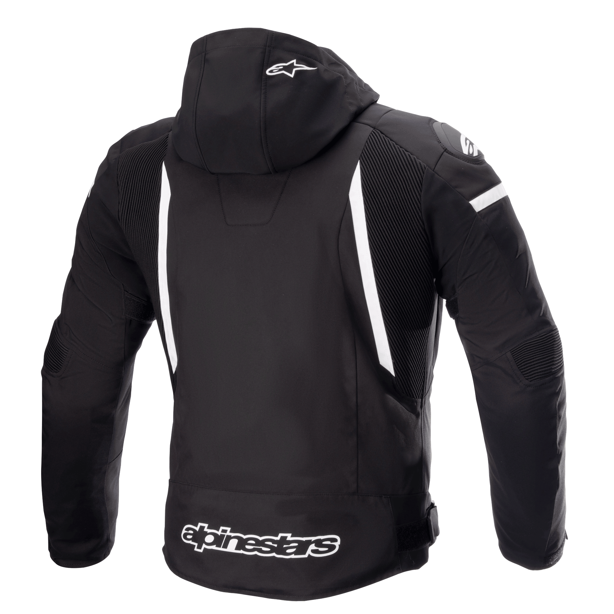 Blouson imperméable Alpinestars Zaca, blouson de moto, noir et blanc, vue arrière montrant la capuche amovible avec logo étoile blanc, bandes blanches verticales dans le dos, marquage Alpinestars sur l'ourlet inférieur et panneaux extensibles côtelés pour la mobilité.