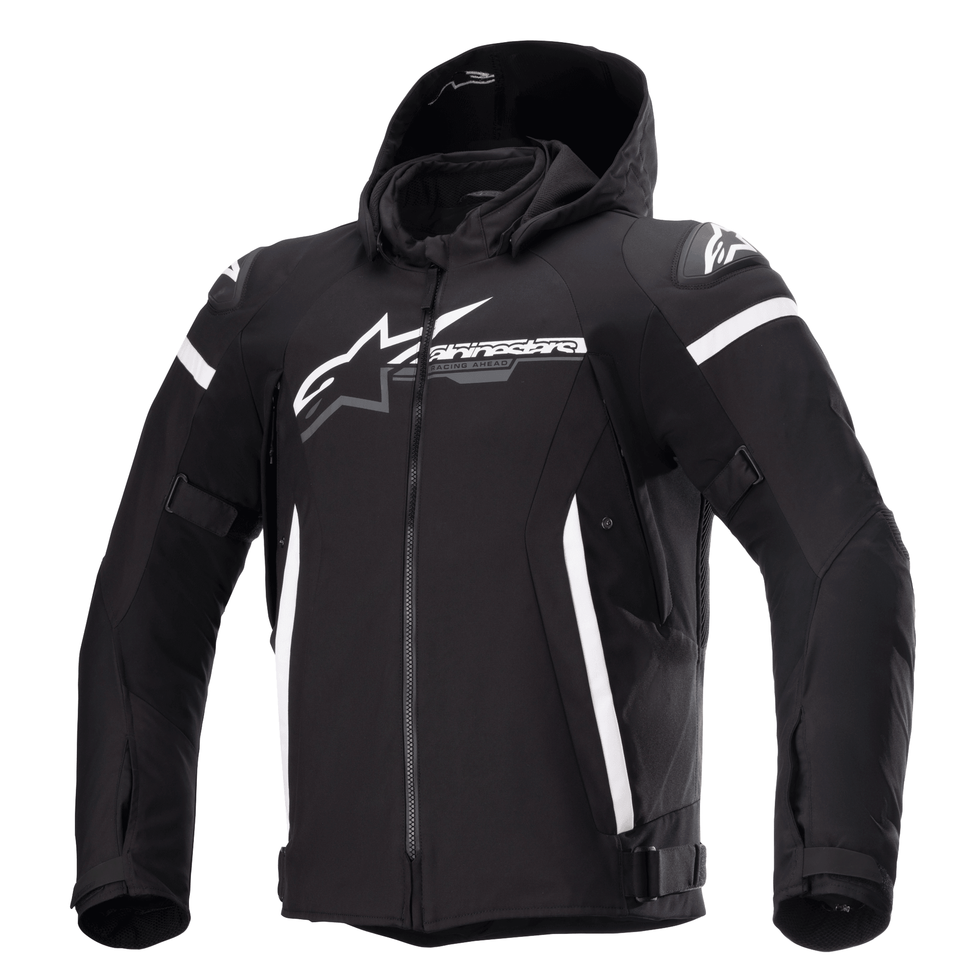 Veste imperméable Alpinestars Zaca, veste de moto noire avec capuche amovible, grand logo Alpinestars blanc sur la poitrine, bandes blanches sur le haut des bras et accents latéraux verticaux, fermeture éclair frontale, rembourrage renforcé aux épaules, sangles de réglage à la taille et aux bras, construction en textile softshell