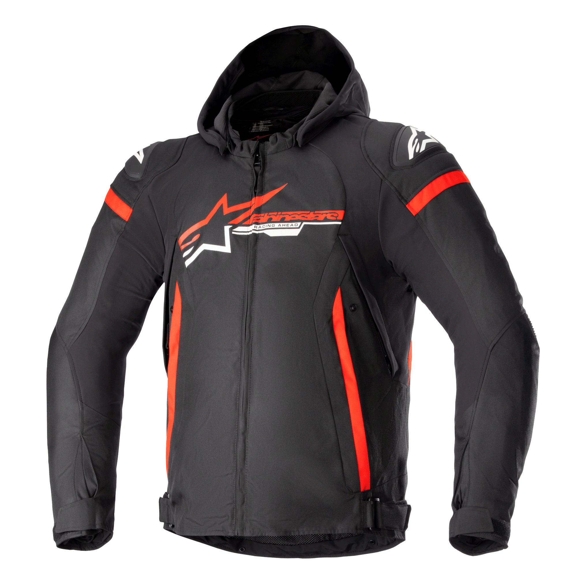 Veste imperméable Alpinestars Zaca, noire avec accents rouge vif et blancs, veste de moto en textile à capuche avec fermeture éclair frontale, rayures latérales rouges verticales, logo étoile Alpinestars sur la poitrine, protections d'épaules, équipement de sport toutes saisons
