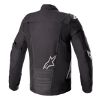 Veste imperméable Alpinestars SMX, Noir Gris Foncé, vue de dos, avec logo Alpinestars blanc sur le bas du dos et l'épaule, section rembourrée au bas du dos, veste de moto en textile technique et softshell