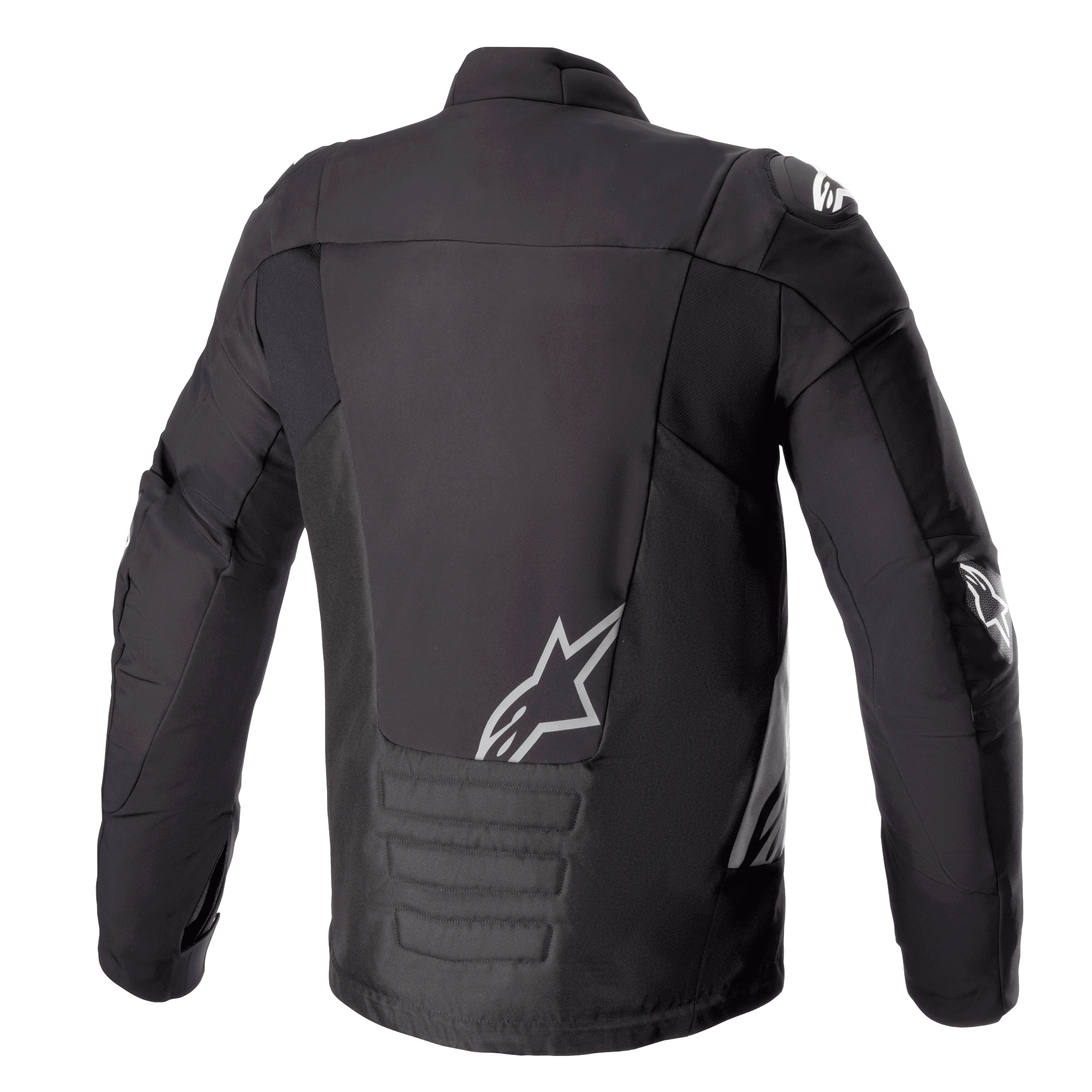 Veste imperméable Alpinestars SMX, Noir Gris Foncé, vue de dos, avec logo Alpinestars blanc sur le bas du dos et l'épaule, section rembourrée au bas du dos, veste de moto en textile technique et softshell