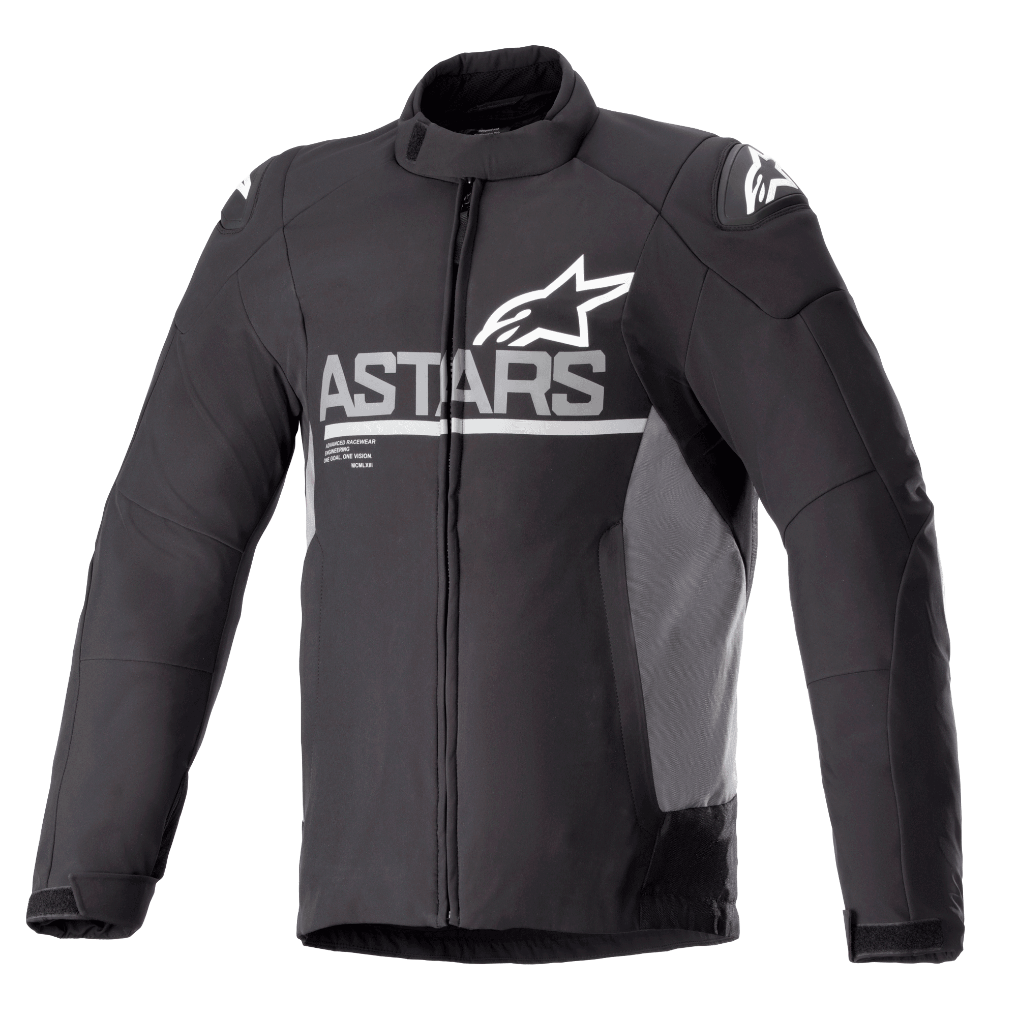 Veste Alpinestars SMX Waterproof Jacket, veste de moto, noire avec panneaux latéraux gris foncé, logo ASTARS blanc sur la poitrine et logos étoilés sur les épaules, construction en textile et softshell, fermeture éclair frontale, col haut et poignets velcro ajustables
