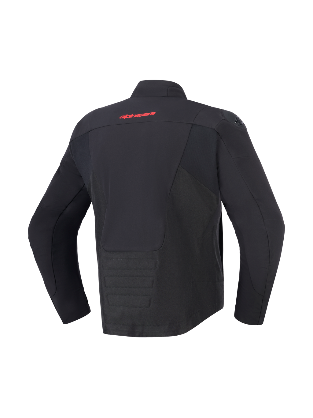 Veste imperméable Alpinestars SMX, noire, vue de dos avec logo Alpinestars rouge sur le haut du dos, ourlet arrière allongé pour une protection accrue, empiècements en textile et softshell, équipement de moto protecteur pour la conduite sur route et sportive.